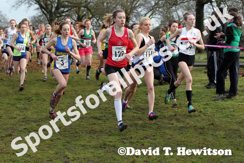 H. Knowles-Jones (Warrington) leads soon after the start of the under-17s womens Northern Cross Country Champs, Knowsley Safari Park. Photo: David T. Hewitson/Sports for All Pics